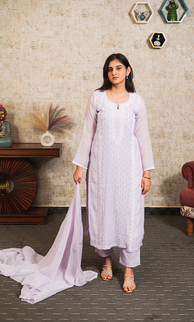 Women's Lakhnavi Handcrafted Mul Chanderi Chikankari Stitched Kurta, Dupatta And Pant Set - HONC0304131