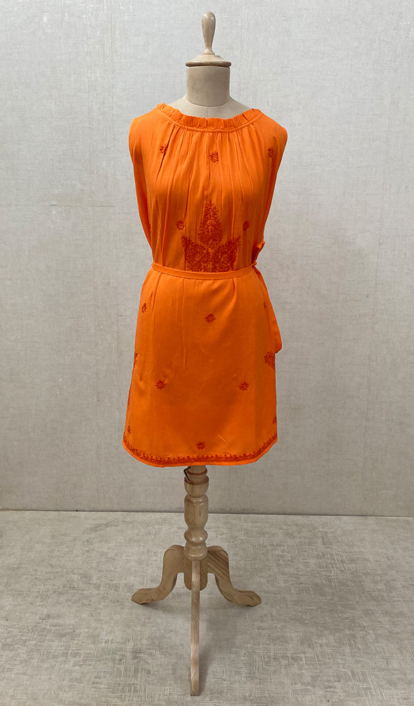 Women's Lakhnavi Handcrafted Orange Cotton Chikankari Top - NC061851
