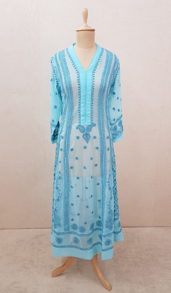 Bareeka Women's Lakhnavi Handcrafted Faux-Georgette Chikankari Anarkali Dress - HONC041796