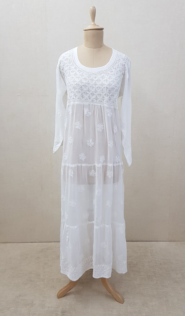 Women's Lakhnavi Handcrafted White Viscose Georgette Chikankari Dress - NC062999