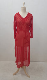 Load image into Gallery viewer, Women&#39;s Lucknowi Handcrafted Red Faux-Georgette Chikankari Kurti - NC063009
