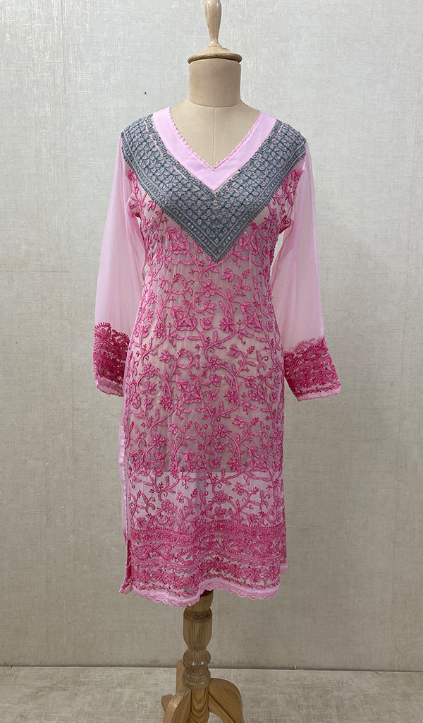 Women's Lucknowi Handcrafted Baby Pink Faux-Georgette Chikankari Kurti - NC065798