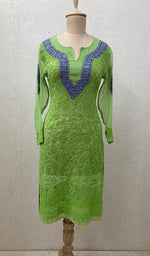 将图像加载到图库查看器中， Women&#39;s Lucknowi Handcrafted Green Faux-Georgette Chikankari Kurti - NC065828
