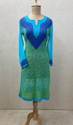 Load image into Gallery viewer, Women&#39;s Lucknowi Handcrafted Turquoise Faux-Georgette Chikankari Kurti - NC065820
