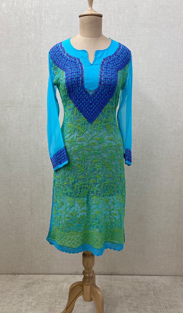 Women's Lucknowi Handcrafted Turquoise Faux-Georgette Chikankari Kurti - NC065820