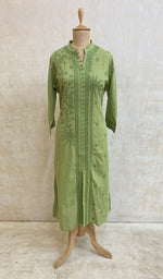 将图像加载到图库查看器中， Women&#39;s Lucknowi Handcrafted Green Cotton Chikankari Kurti - NC068808
