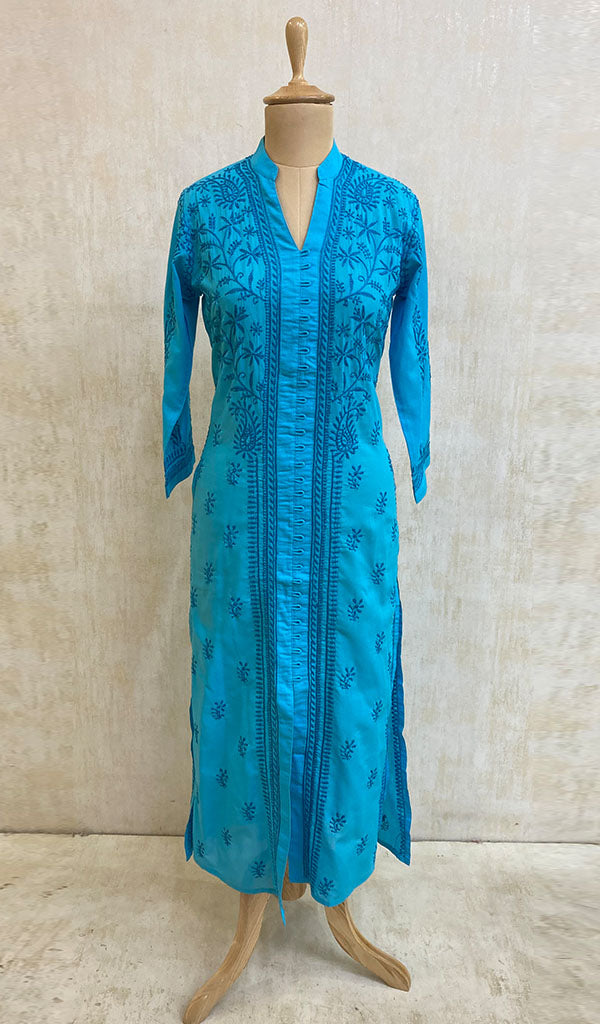 Women's Lakhnavi Handcrafted Turquoise Cotton Chikankari Kurti - NC068811