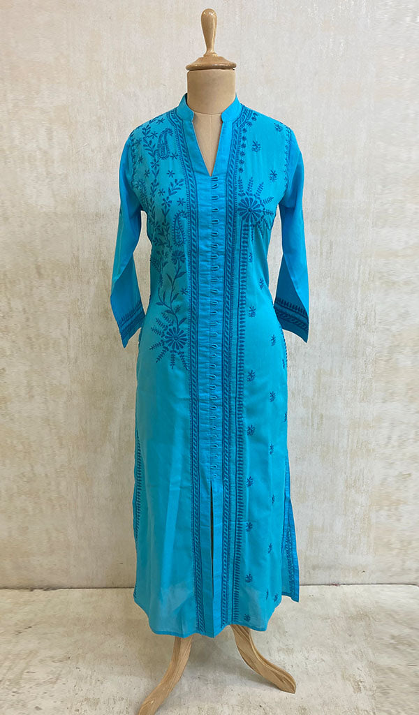 Women's Lucknowi Handcrafted Turquoise Cotton Chikankari Kurti - NC068812