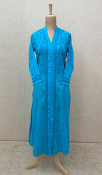 Load image into Gallery viewer, Women&#39;s Lakhnavi Handcrafted Turquoise Cotton Chikankari Kurti - NC068813
