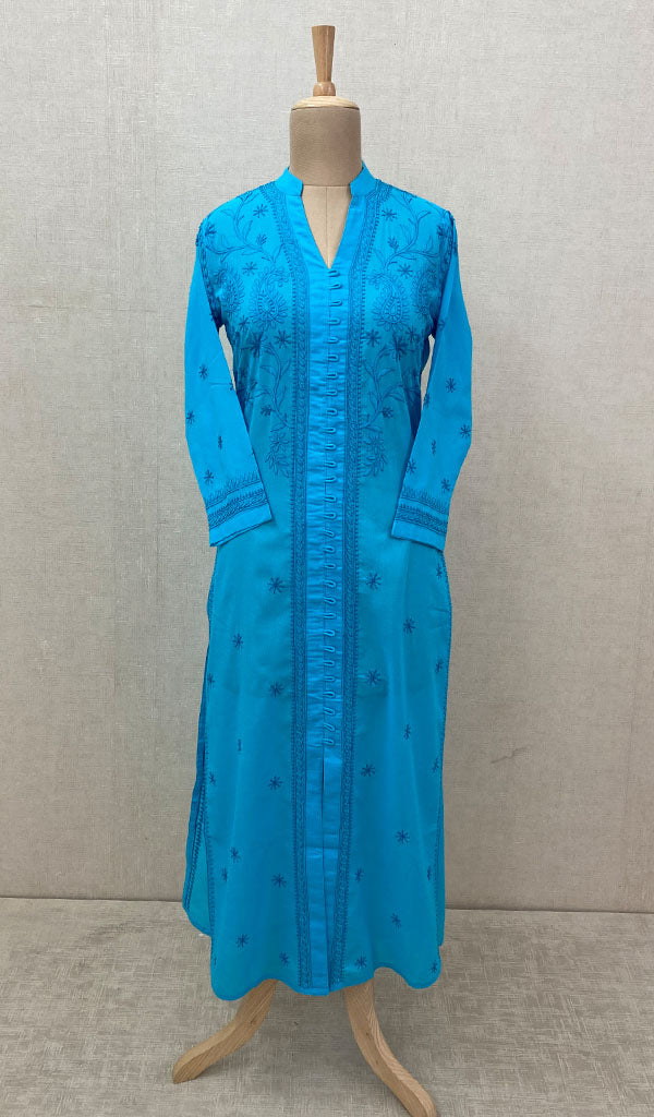Women's Lakhnavi Handcrafted Turquoise Cotton Chikankari Kurti - NC068813
