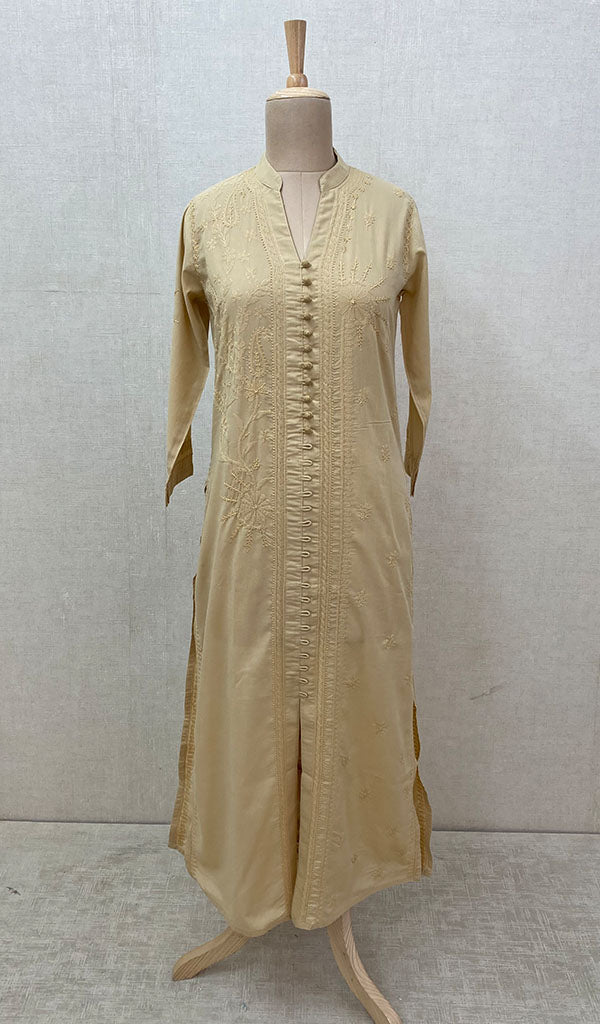 Women's Lucknowi Handcrafted Beige Cotton Chikankari Kurti - NC068814