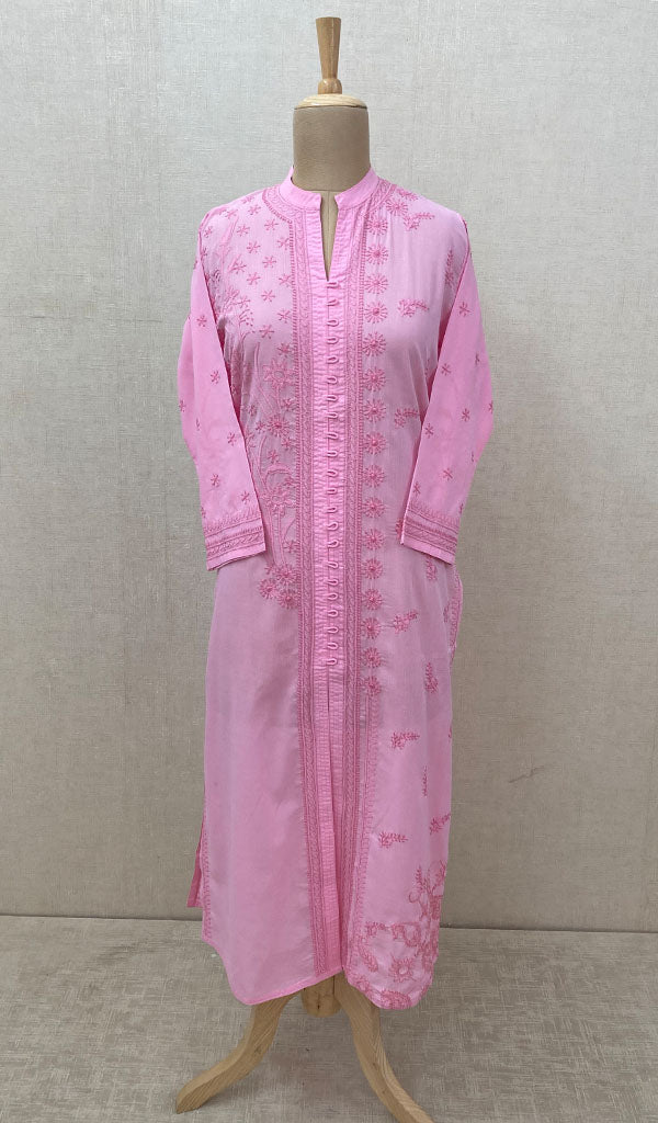 Women's Lucknowi Handcrafted Baby Pink Cotton Chikankari Kurti - NC068816