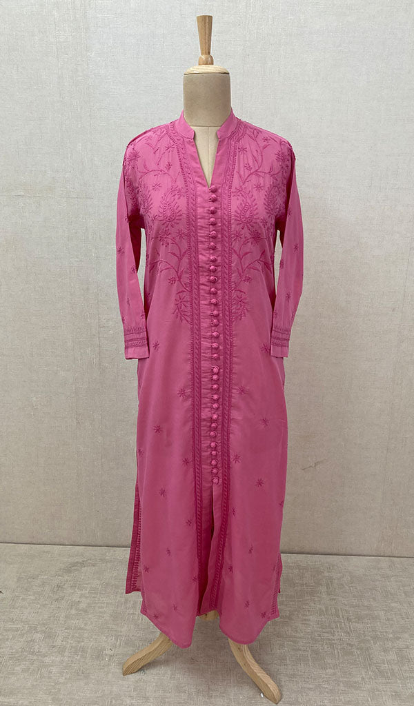 Women's Lakhnavi Handcrafted Dark Pink Cotton Chikankari Kurti - NC068817