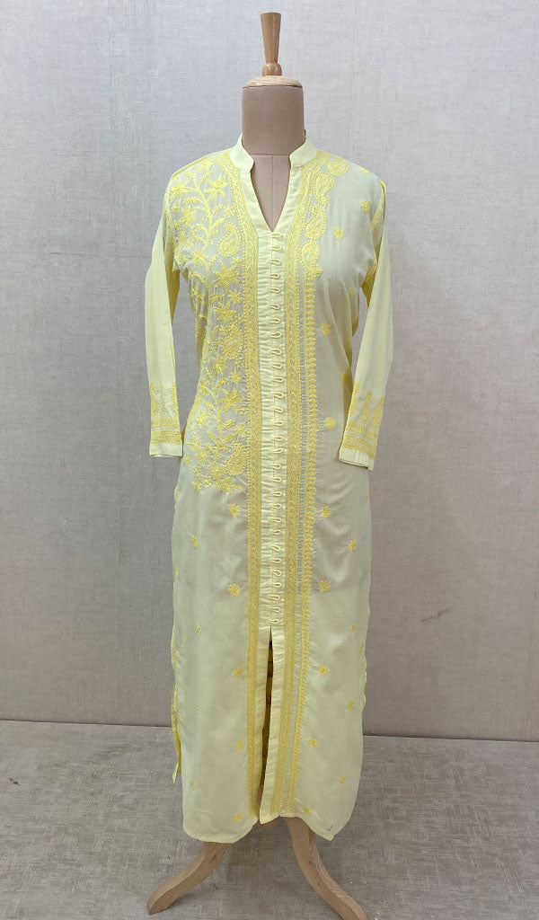 Women's Lakhnavi Handcrafted Light Yellow Cotton Chikankari Kurti - NC068827