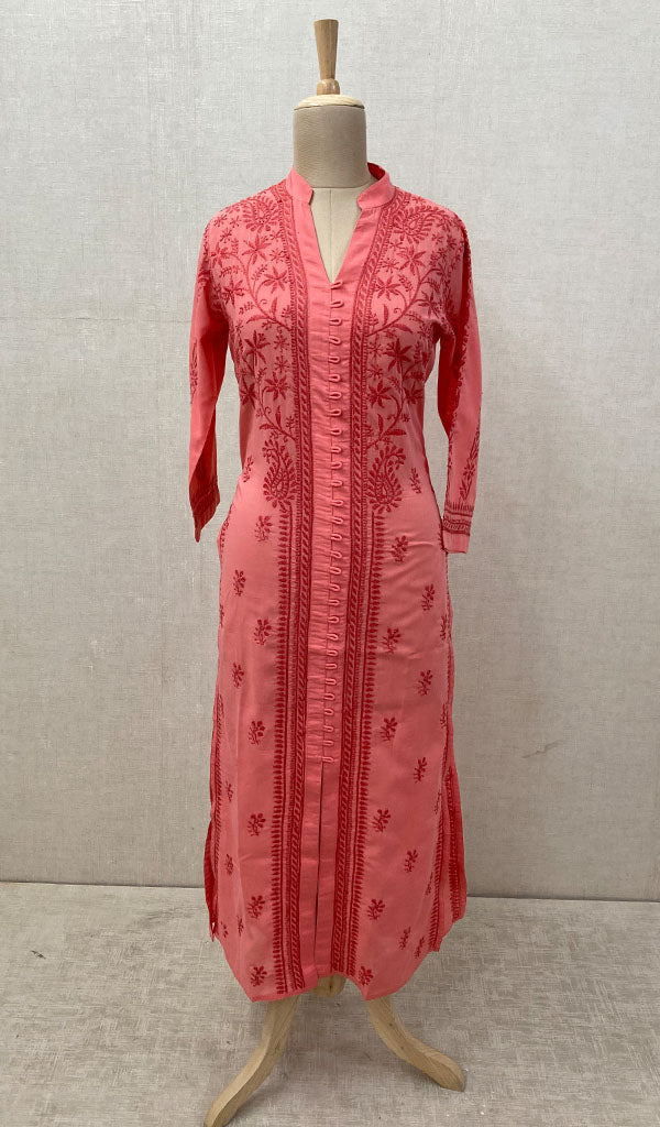 Women's Lakhnavi Handcrafted Pink Cotton Chikankari Kurti - NC068832