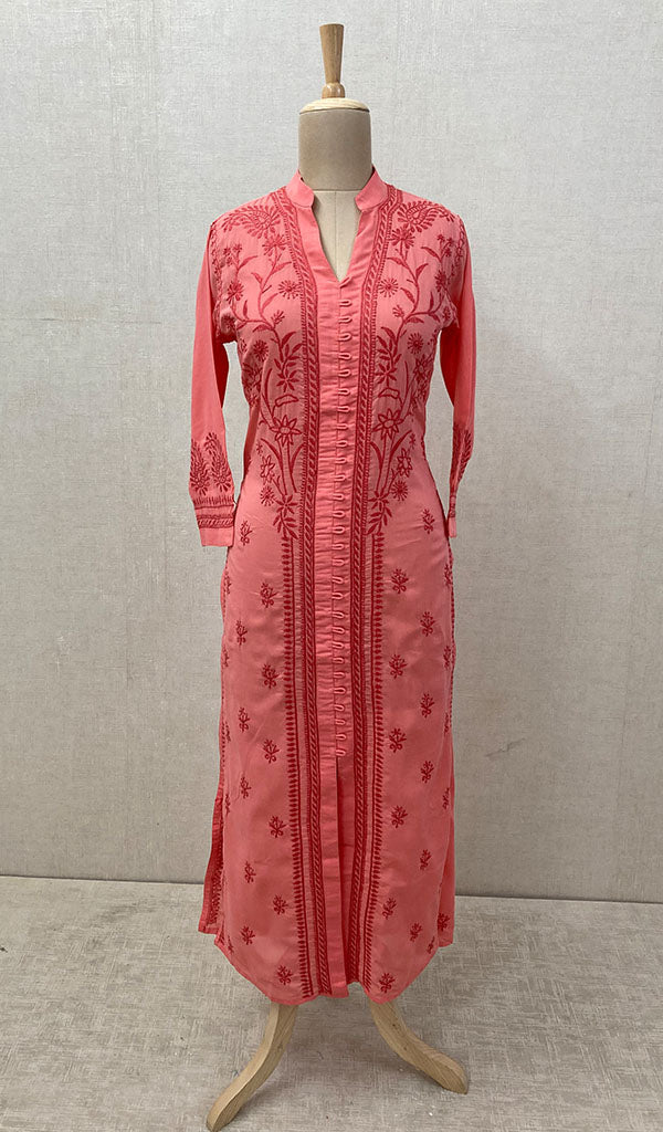 Lavangi Women's Red Cotton Lucknow Chikan Embroidery Kurti