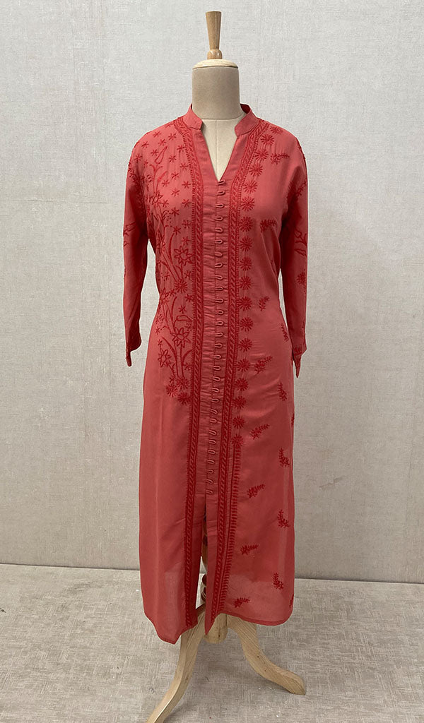 Women's Lucknowi Handcrafted Dark Pink Cotton Chikankari Kurti - NC068830