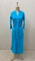 Load image into Gallery viewer, Women&#39;s Lucknowi Handcrafted Turquoise Cotton Chikankari Kurti - NC068840