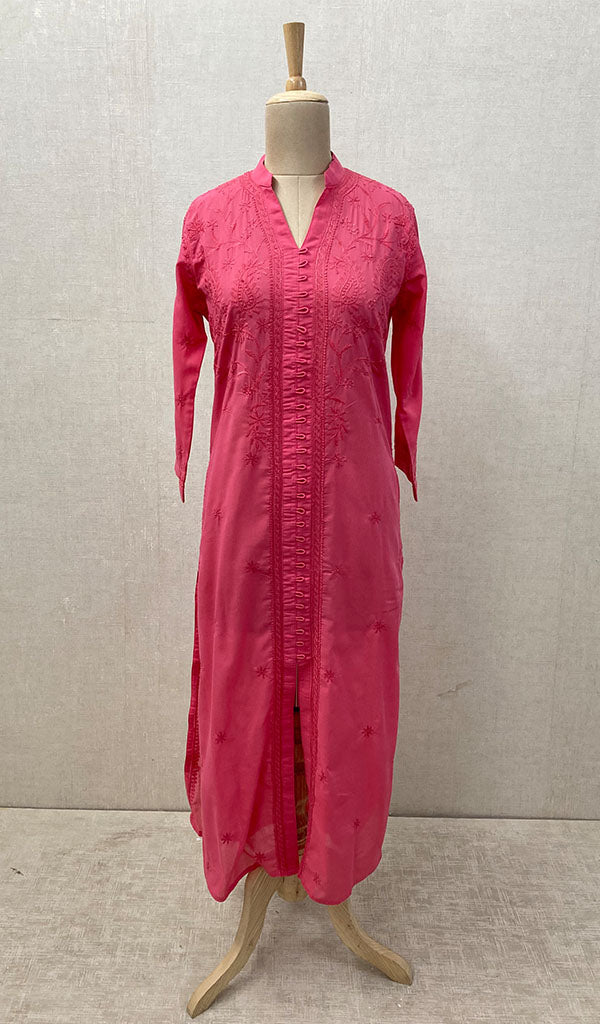 Women's Lakhnavi Handcrafted Coral Pink Cotton Chikankari Kurti - NC068841