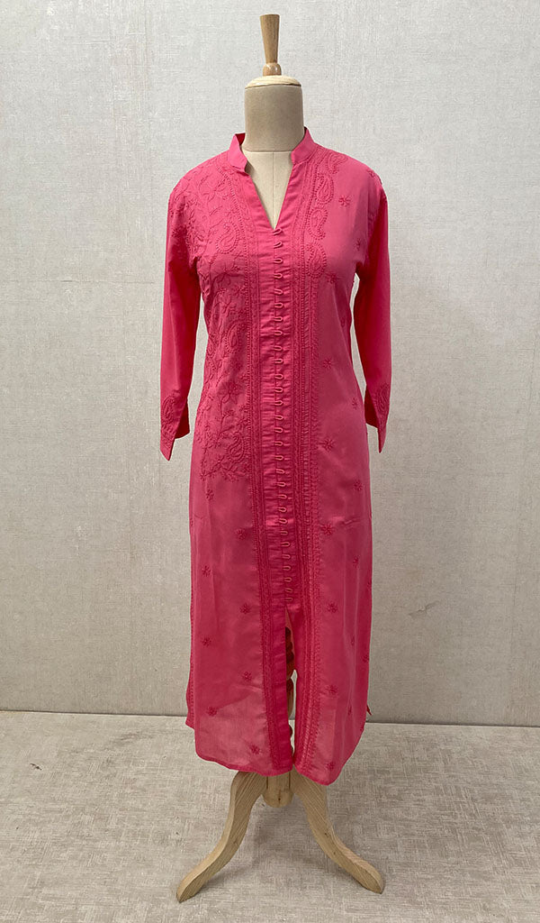 Lakhnavi Handcrafted Coral Pink Cotton Chikankari Kurti - NC068847