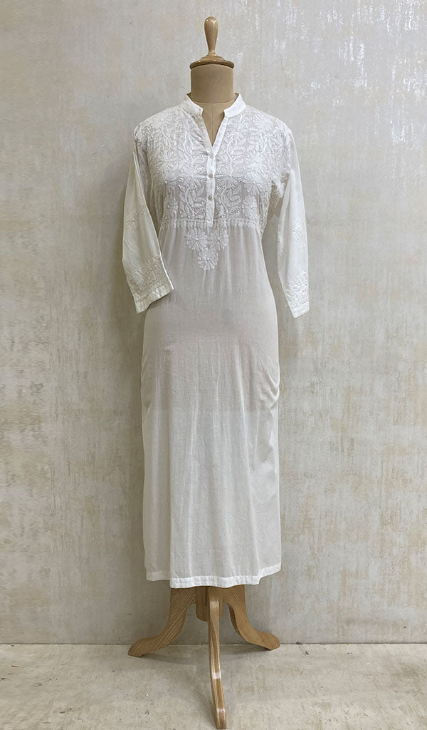 Women's Lakhnavi Handcrafted White Cotton Chikankari Kurti - NC073188
