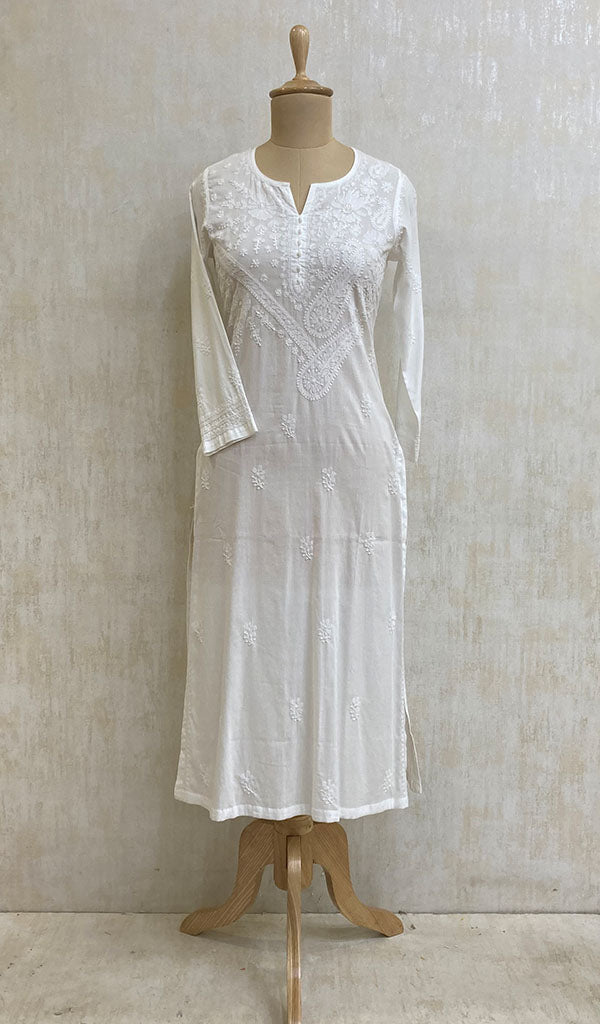 Women's Lakhnavi Handcrafted White Cotton Chikankari Kurti - NC073191