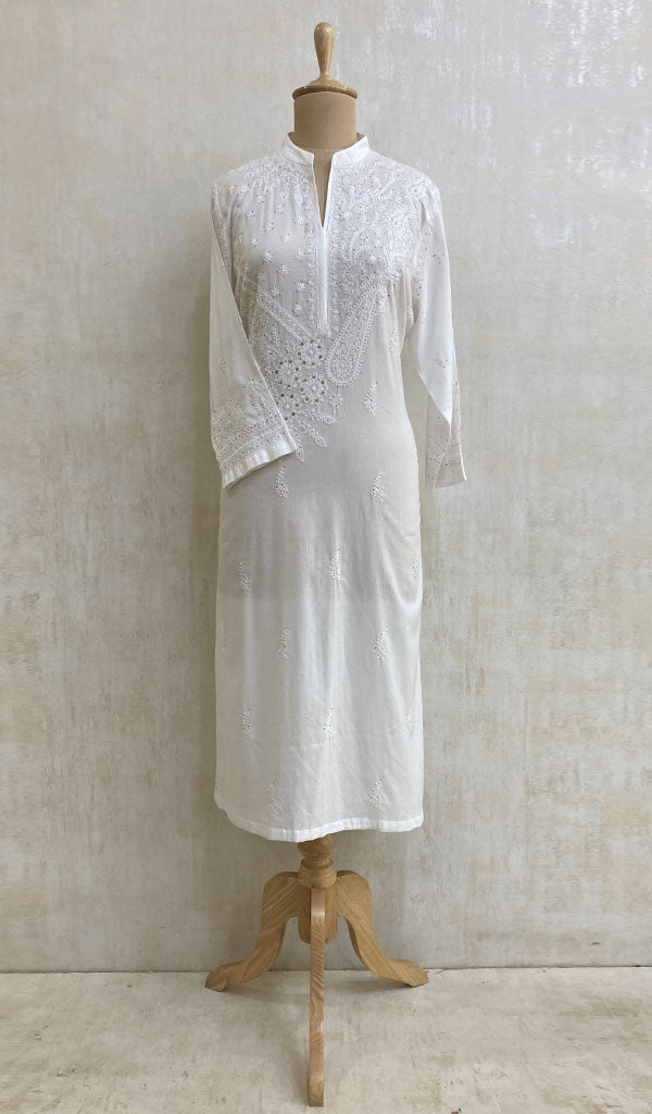 Women's Lakhnavi Handcrafted White Cotton Chikankari Kurti - NC071267