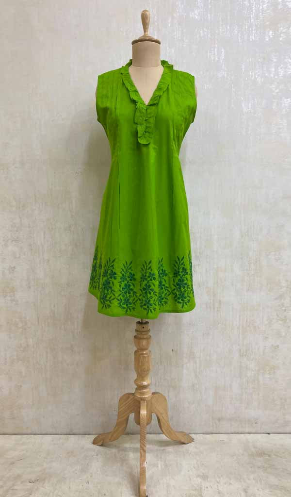 Women's Lucknowi Handcrafted Green Cotton Chikankari Top - NC075699