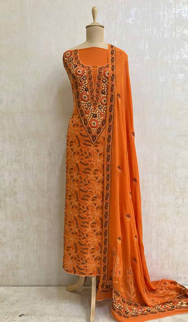 Women's Lakhnavi Handcrafted Pure Silk Georgette Chikankari Suit Material - NC023442