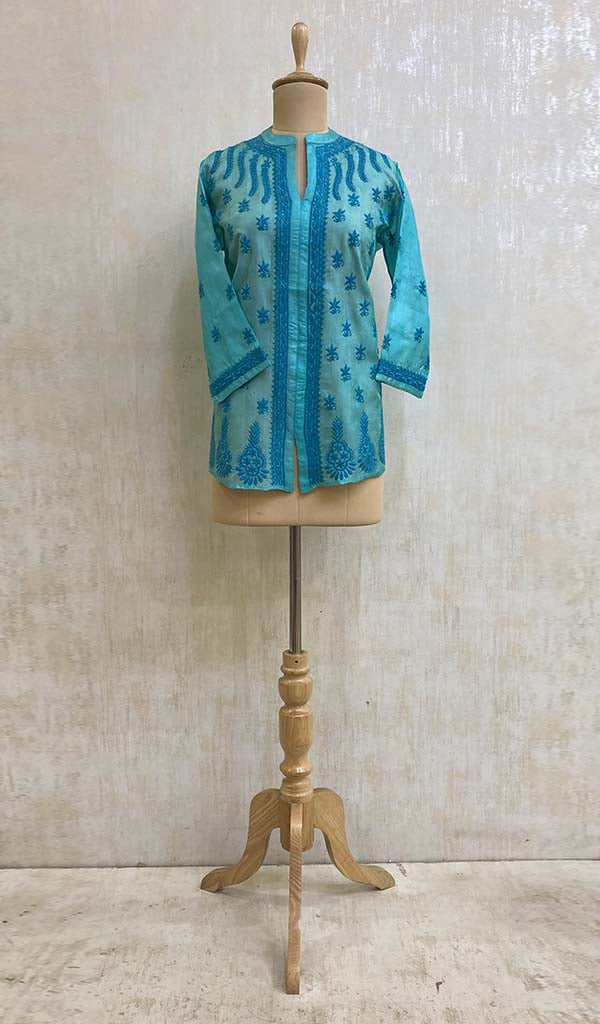 Women's Lucknowi Handcrafted Turquoise Tussar Silk Chikankari Top - HONC03070