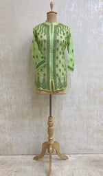 将图像加载到图库查看器中， Women&#39;s Lakhnavi Handcrafted Light Green Tussar Silk Chikankari Top - HONC03074