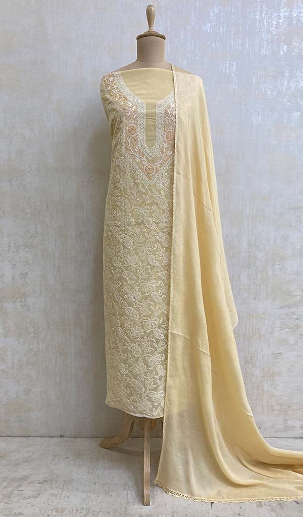 Lakhnavi 手工制作的棉质 Chikankari 西装材料 - HONC05694