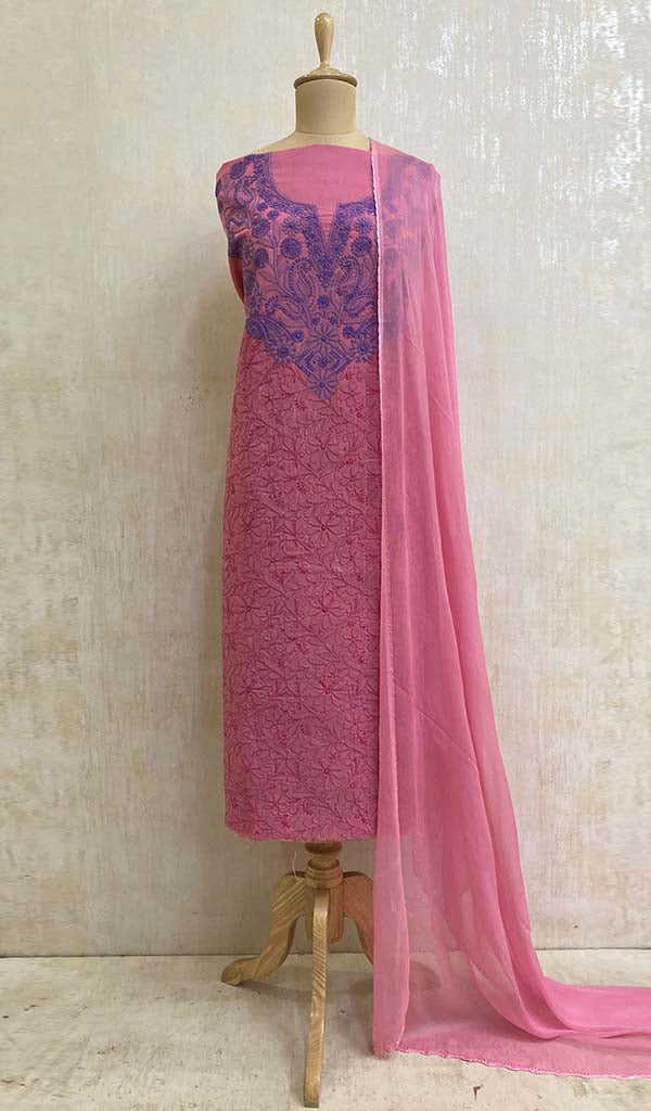 Women's Lucknowi Handcrafted Cotton Chikankari Suit Material- HONC05703