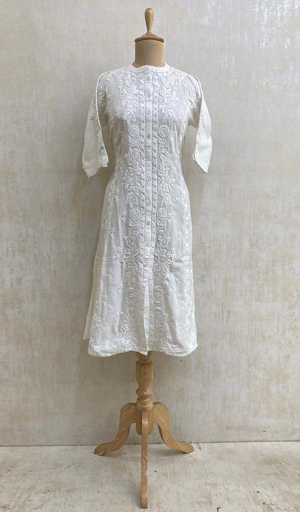 Women's Lakhnavi Handcrafted White Linen Cotton Chikankari Kurti - HONC06902