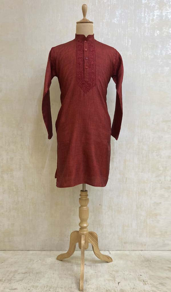 Men's Lucknowi Handcrafted Khadi Cotton Chikankari Kurta - HONC011583