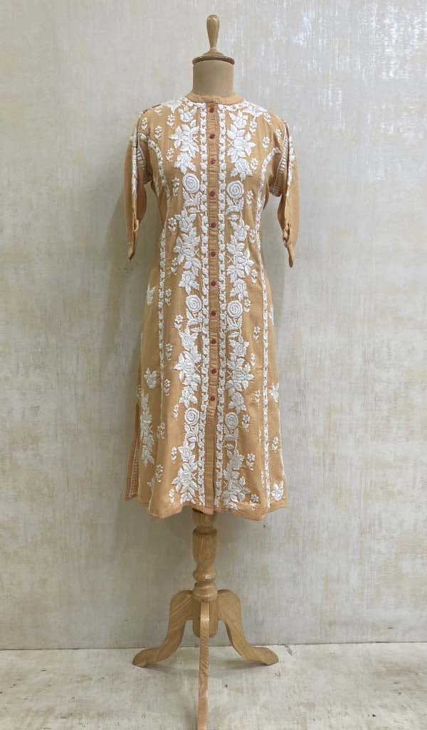 Women's Lakhnavi Handcrafted Beige Linen Cotton Chikankari Kurti - HONC011138