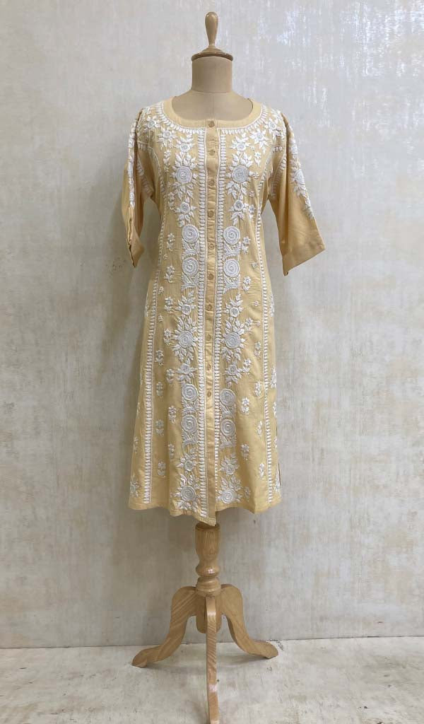 Women's Lucknowi Handcrafted Beige Linen Cotton Chikankari Kurti - HONC011103