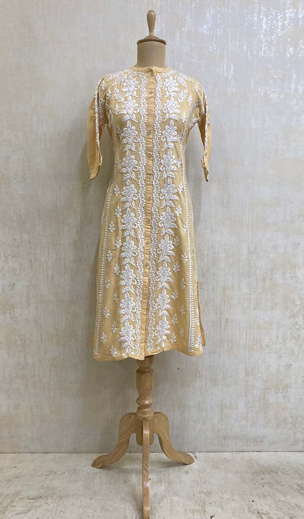 Women's Lucknowi Handcrafted Beige Linen Cotton Chikankari Kurti - HONC011145