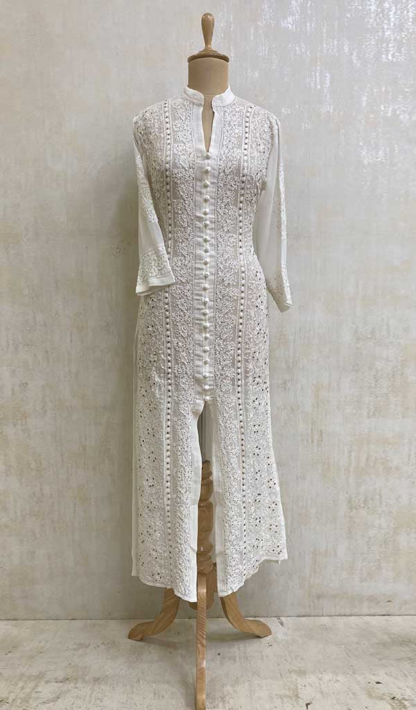 Women's Lucknowi Handcrafted White Faux-Georgette Chikankari Dress - HONC011173