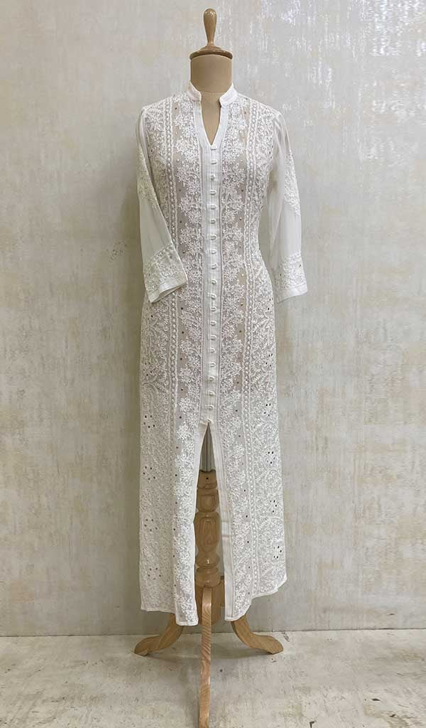 Women's Lakhnavi Handcrafted White Faux-Georgette Chikankari Dress - HONC011155