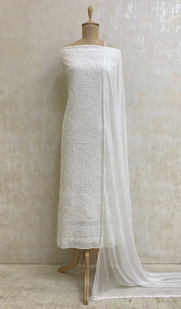 Cotton Linen Printed Off-White Dress Materials with Chiffon Dupatta –  Stilento