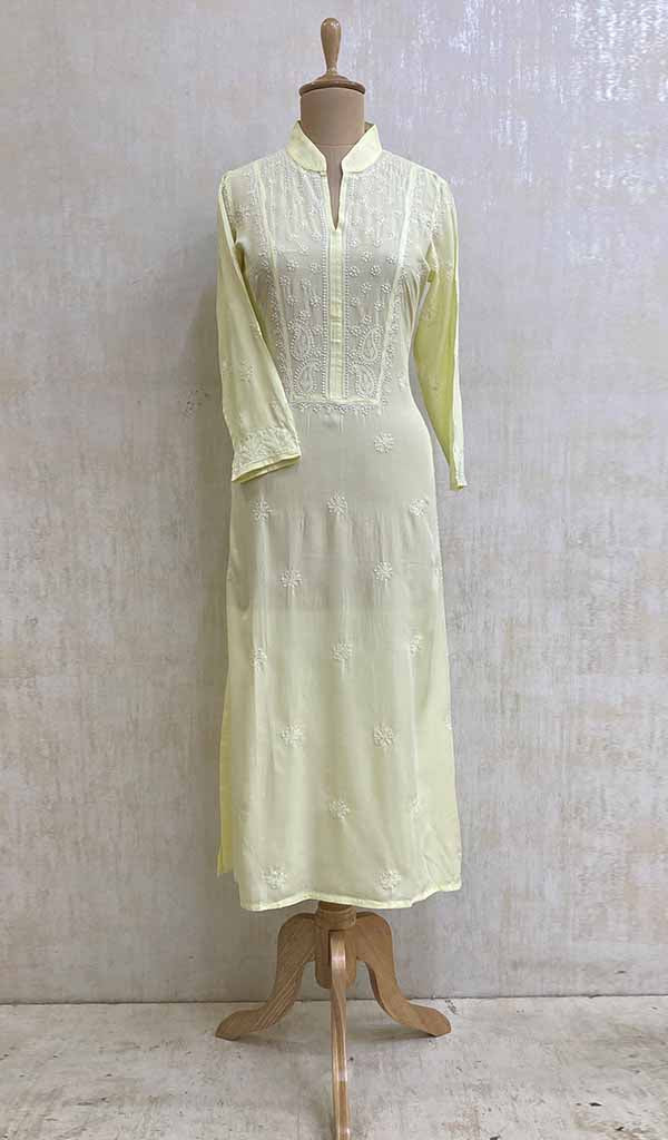 Lakhnavi Handcrafted Lemon Modal Cotton Chikankari Kurti - HONC011813