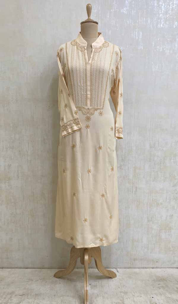 Women's Lakhnavi Handcrafted Beige Modal Cotton Chikankari Kurti - HONC011820