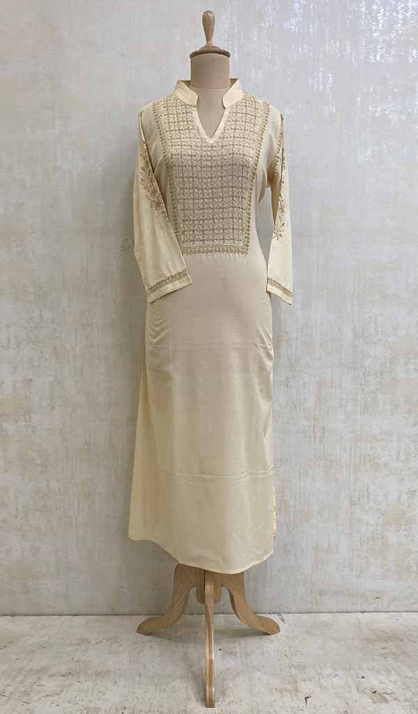 Women's Lucknowi Handcrafted Beige Cotton Chikankari Kurti - HONC011823