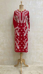 Load image into Gallery viewer, Women&#39;s Lucknowi Handcrafted Red Cotton Chikankari Kurti - HONC020836
