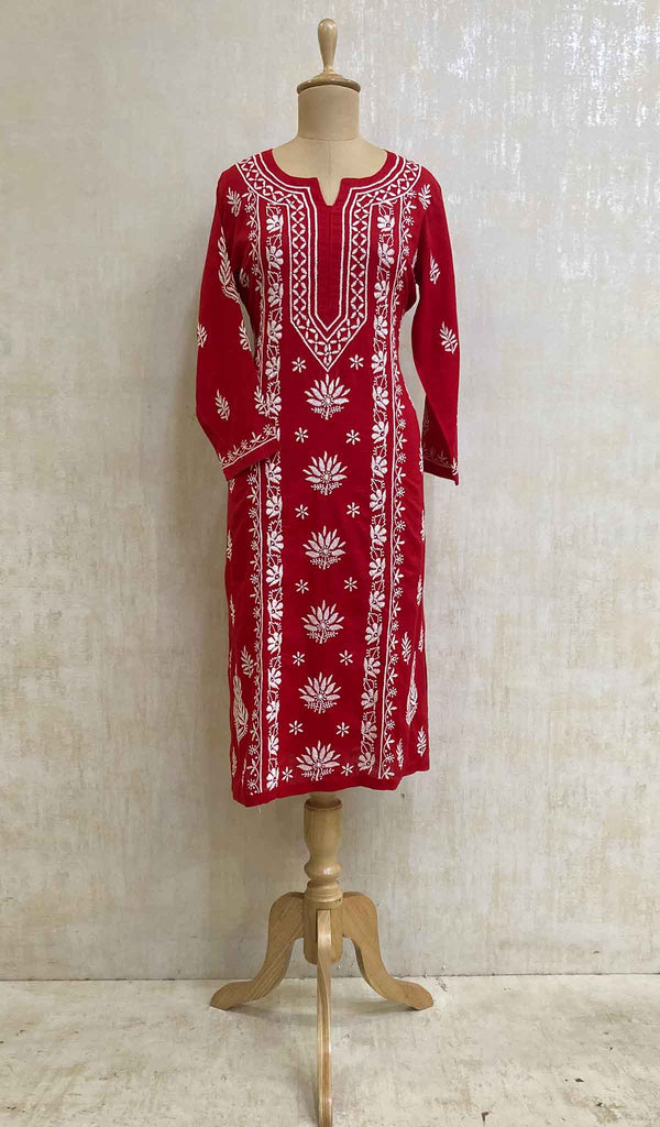 Women's Lakhnavi Handcrafted Red Cotton Chikankari Kurti - HONC020795