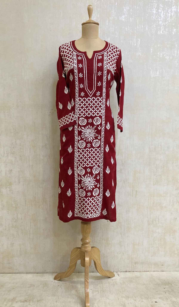 Women's Lucknowi Handcrafted Maroon Cotton Chikankari Kurti - HONC020798