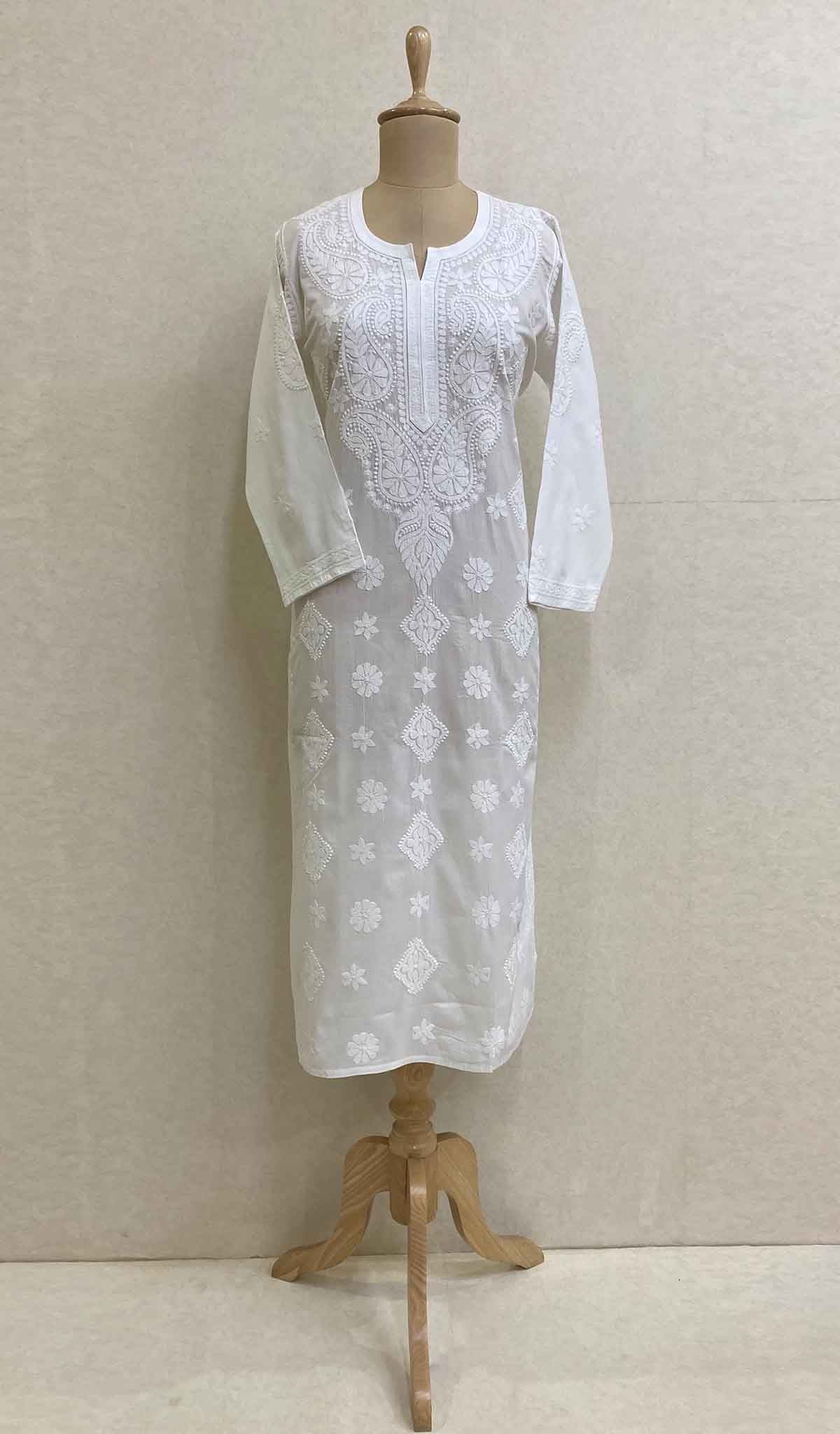 勒克瑙手工制作的白色棉质 Chikankari Kurti - HONC029997