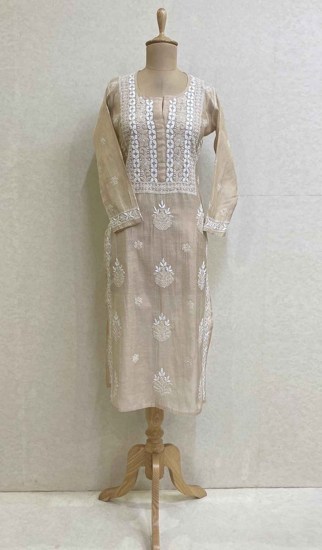 Women's Lakhnavi Handcrafted Beige Tissue Chanderi Chikankari Kurti - HONC027518