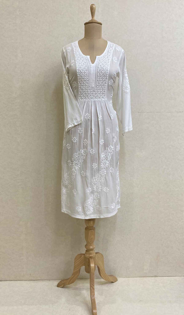 Women's Lakhnavi Handcrafted White Modal Cotton Chikankari Dress - HONC025406